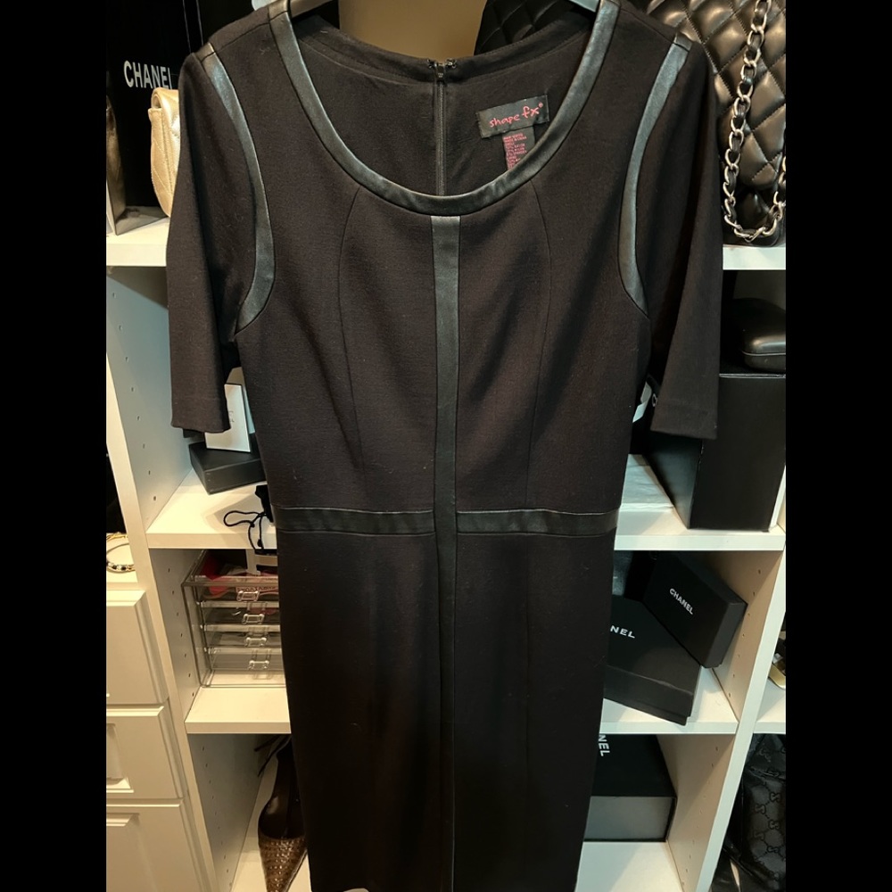 Shape FX Sheath Dress Faux Leather Trim Black Sz10